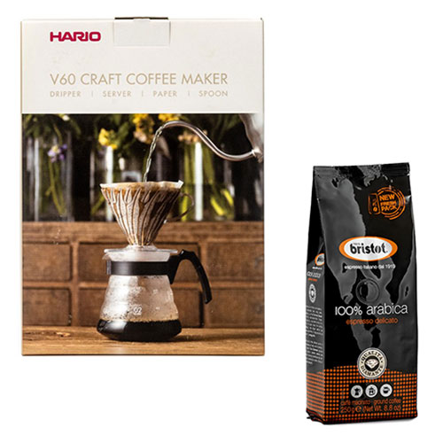 Hario V60 Craft Coffee Maker + Bristot Diamante 100% Arabica gemalen koffie