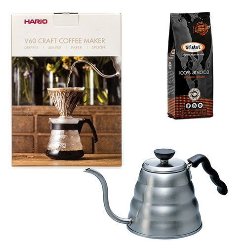 Hario V60 Craft Coffee Maker Kit + Hario V60 Buono Waterketel 1.2 liter + Bristot Diamante 100% Arabica gemalen koffie