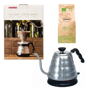 Hario V60 Craft Coffee Maker + Hario V60 Buono Elektrische Waterketel + Bristot BIO 100% biologische koffie