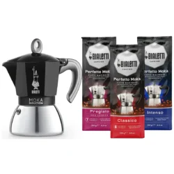 Bialetti Moka Inductie Zwart 4-kops + Koffie Proefpakket